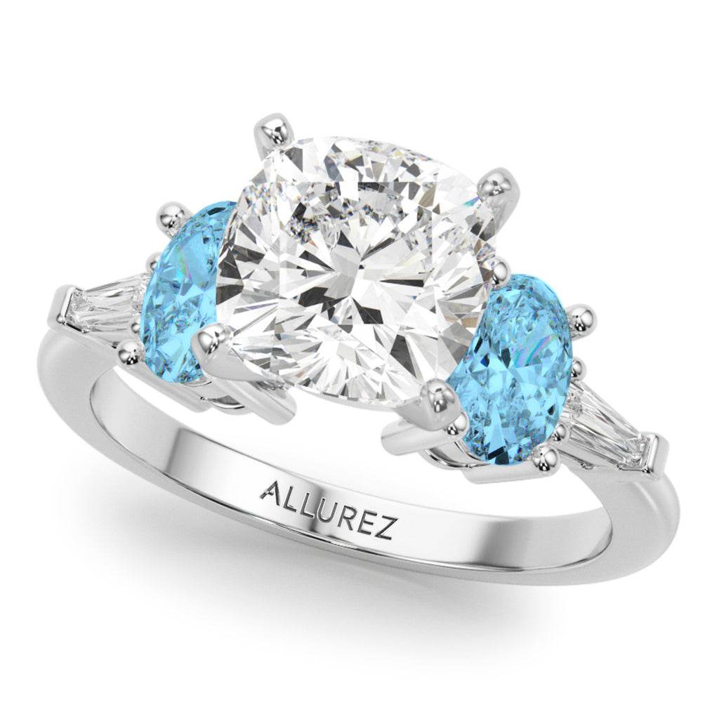 Cushion Cut Lab Diamond & Oval Blue Topaz Engagement Ring in Palladium (4.18ct)