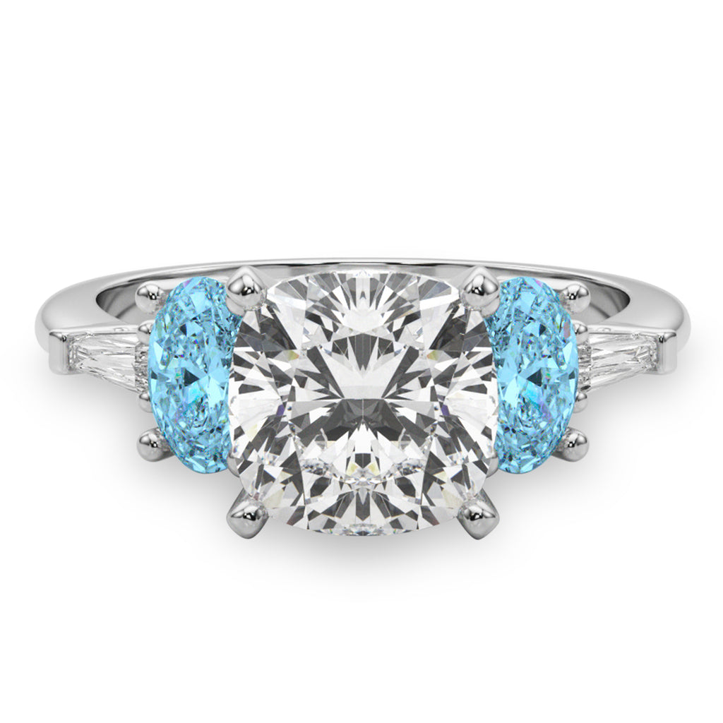 Cushion Cut Lab Diamond & Oval Blue Topaz Engagement Ring in Palladium (4.18ct)