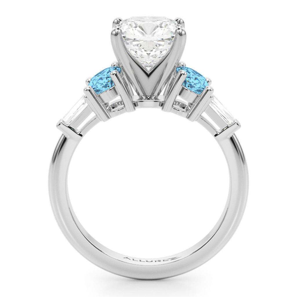 Cushion Cut Lab Diamond & Oval Blue Topaz Engagement Ring in Palladium (4.18ct)