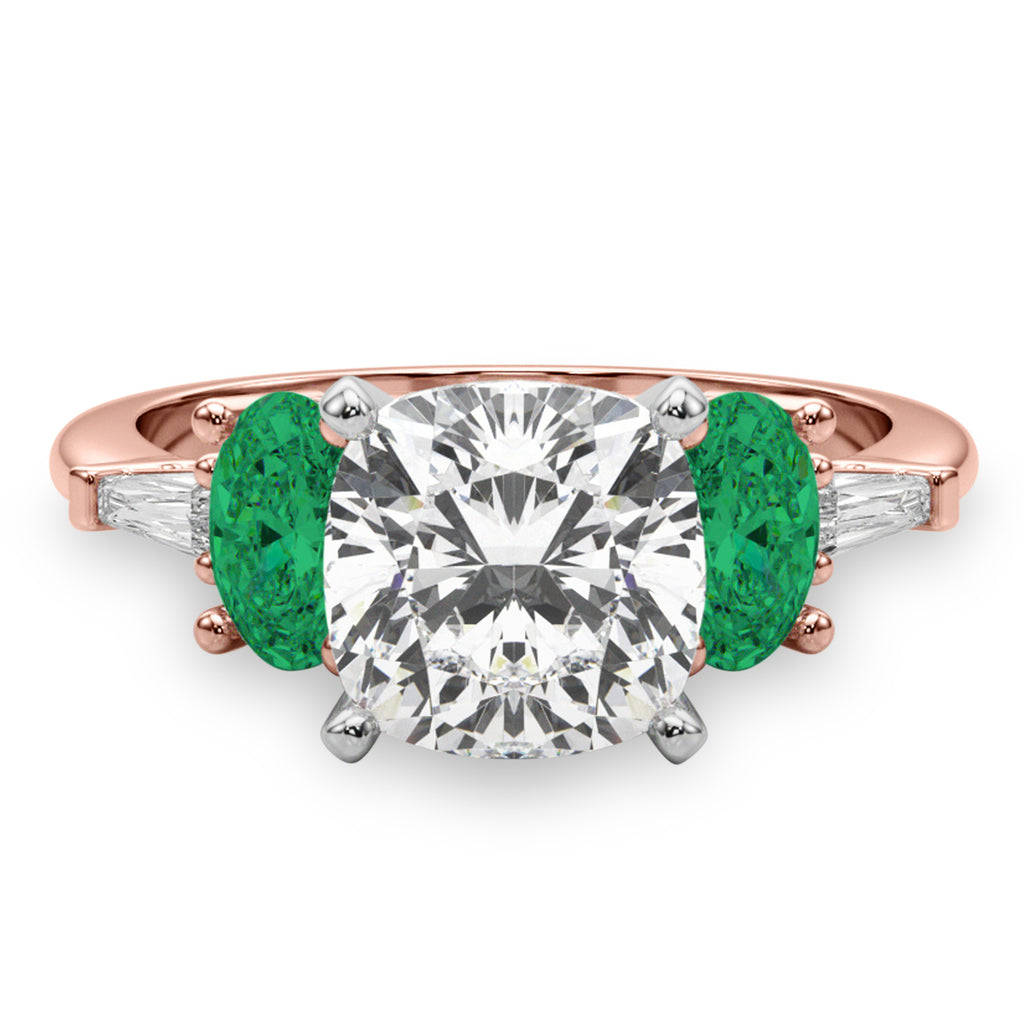Cushion Cut Lab Diamond & Oval Emerald Engagement Ring 18K Rose Gold (3.98ct)
