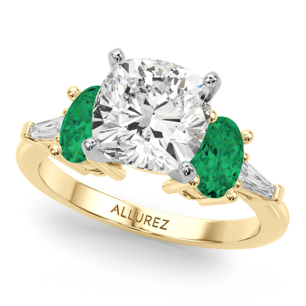 Cushion Cut Lab Diamond & Oval Emerald Engagement Ring 18K Yellow Gold (3.98ct)