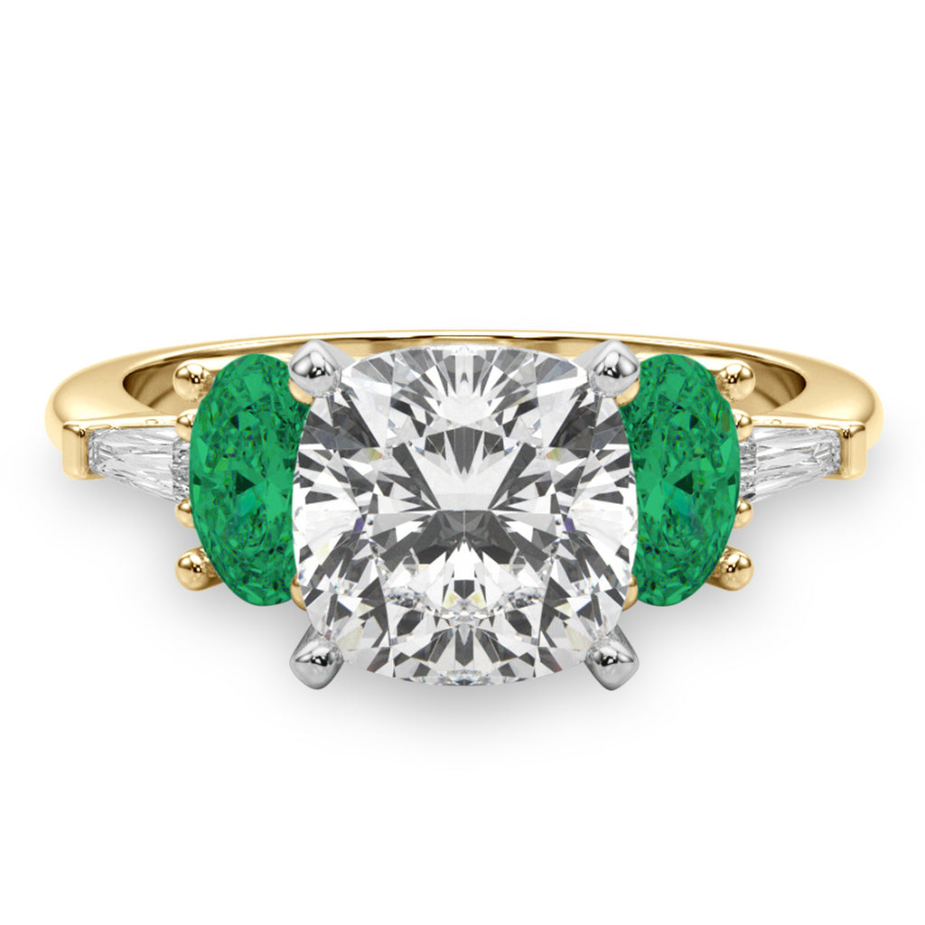 Cushion Cut Lab Diamond & Oval Emerald Engagement Ring 18K Yellow Gold (3.98ct)