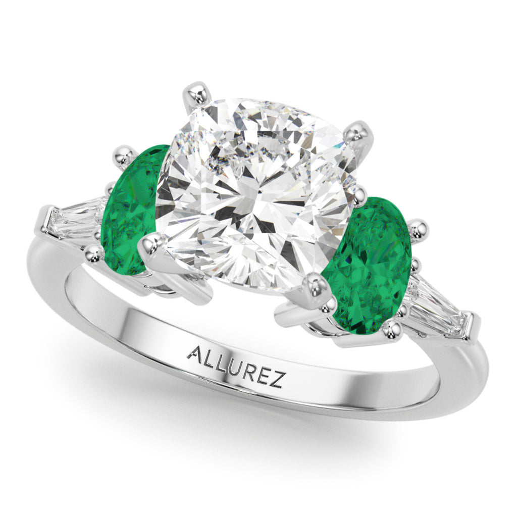 Cushion Cut Lab Diamond & Oval Emerald Engagement Ring in Palladium (3.98ct)