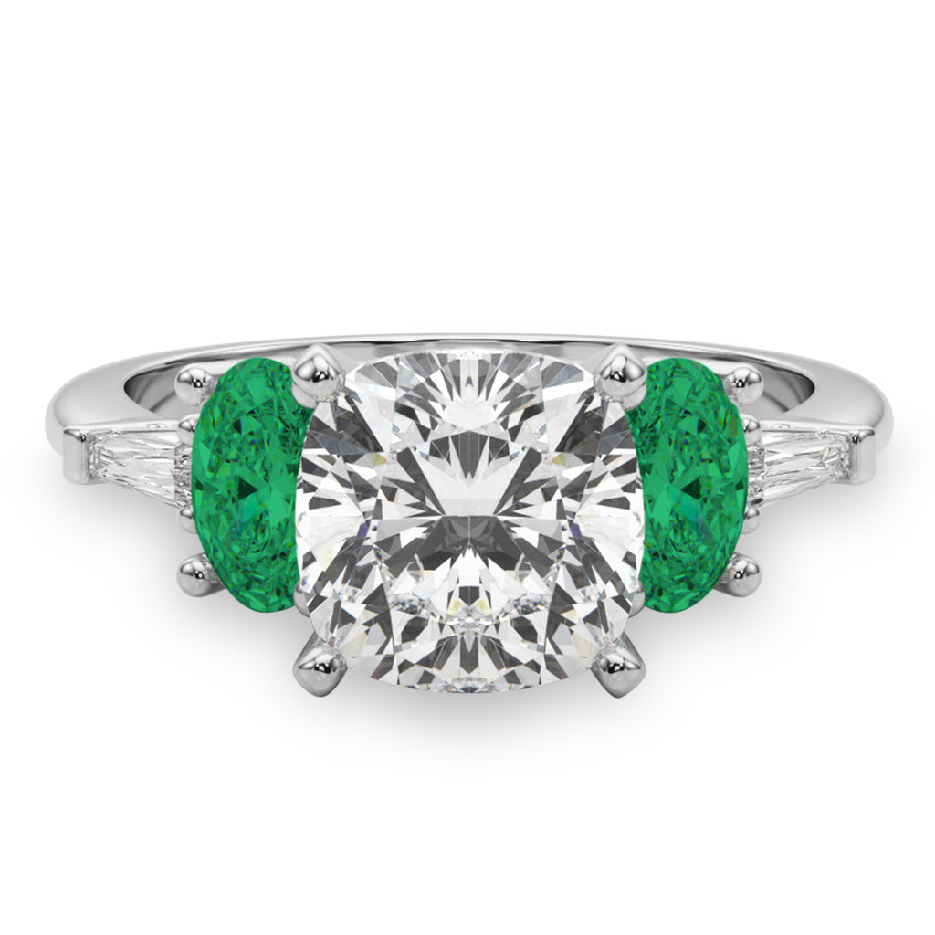 Cushion Cut Lab Diamond & Oval Emerald Engagement Ring in Palladium (3.98ct)
