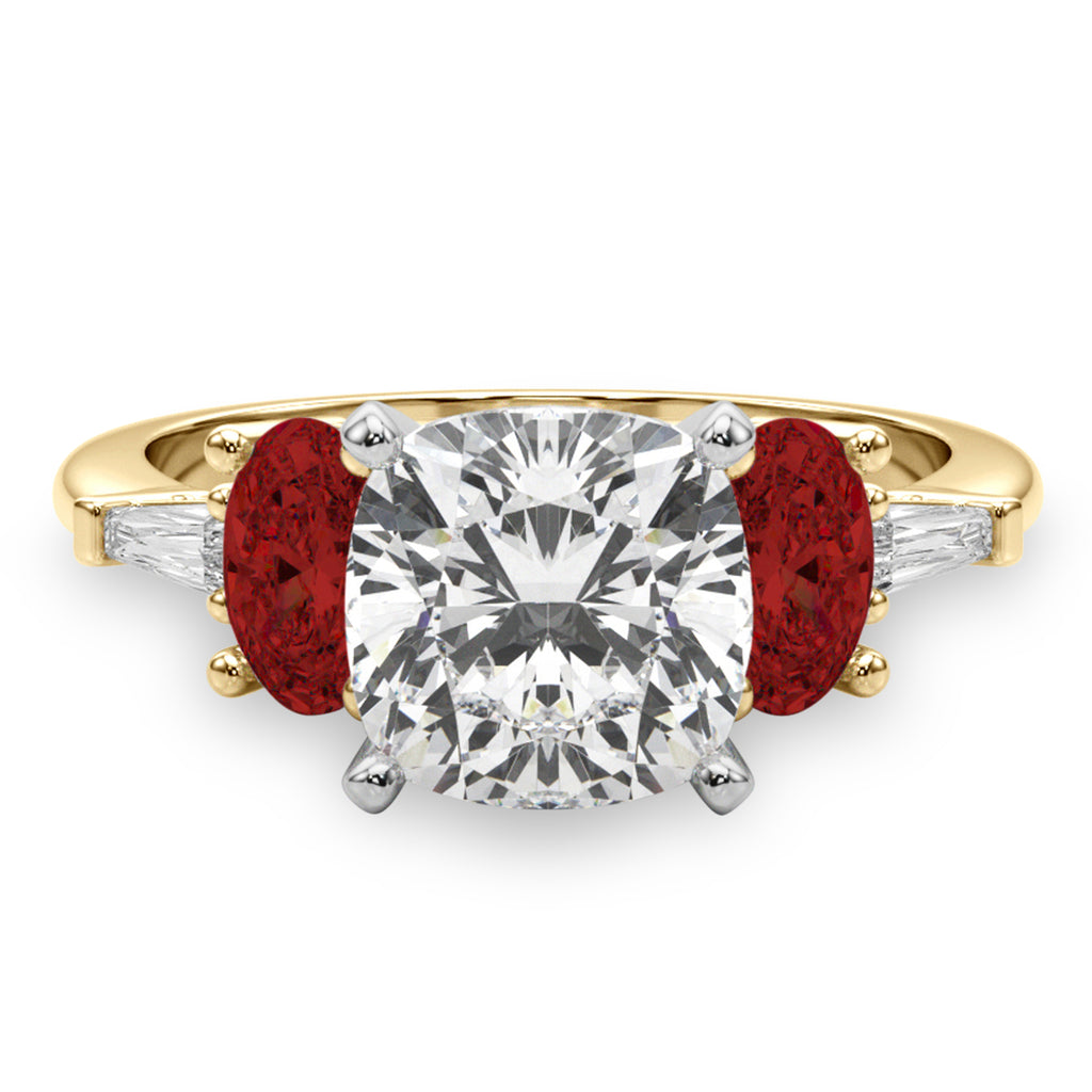 Cushion Cut Lab Diamond & Oval Garnet Engagement Ring 18K Yellow Gold (4.18ct)