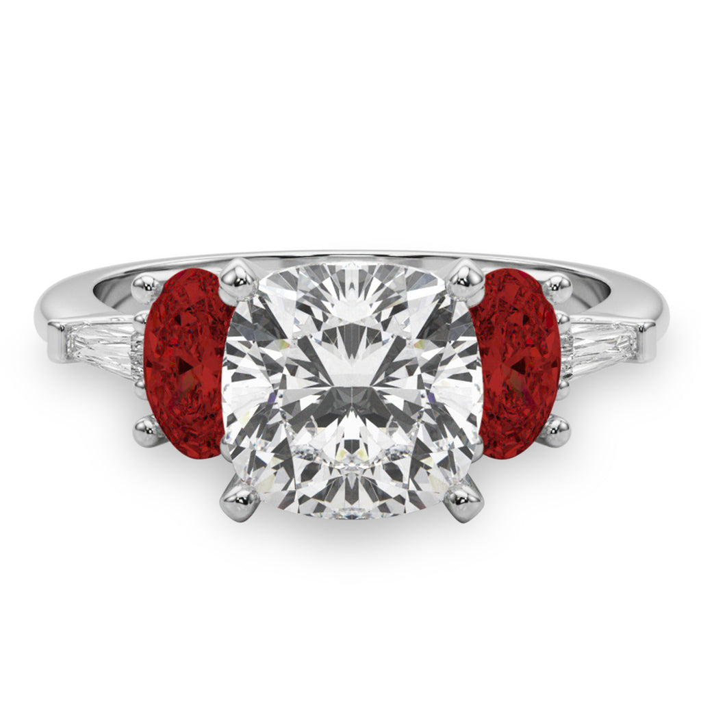 Cushion Cut Lab Diamond & Oval Garnet Engagement Ring in Platinum (4.18ct)