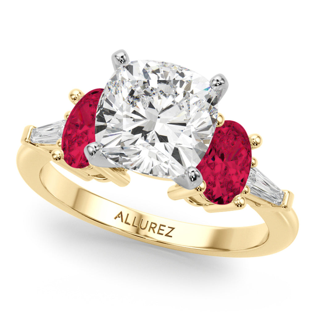 Cushion Cut Lab Diamond & Oval Ruby Engagement Ring 14K Yellow Gold (4.24ct)