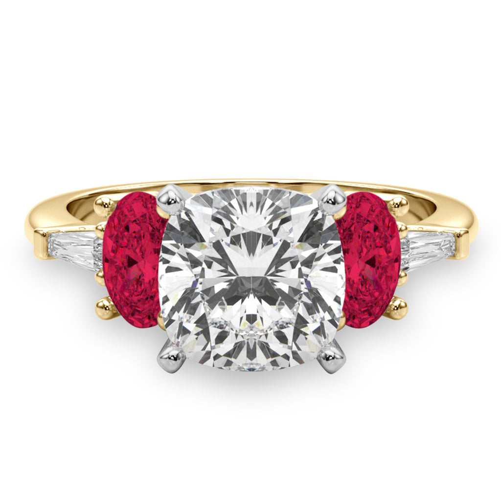 Cushion Cut Lab Diamond & Oval Ruby Engagement Ring 14K Yellow Gold (4.24ct)