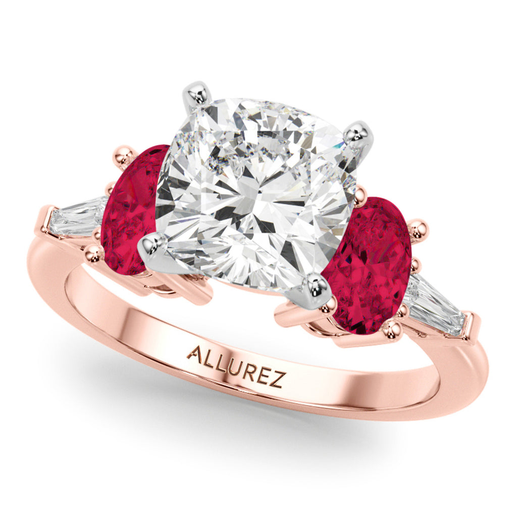 Cushion Cut Lab Diamond & Oval Ruby Engagement Ring 18K Rose Gold (4.24ct)