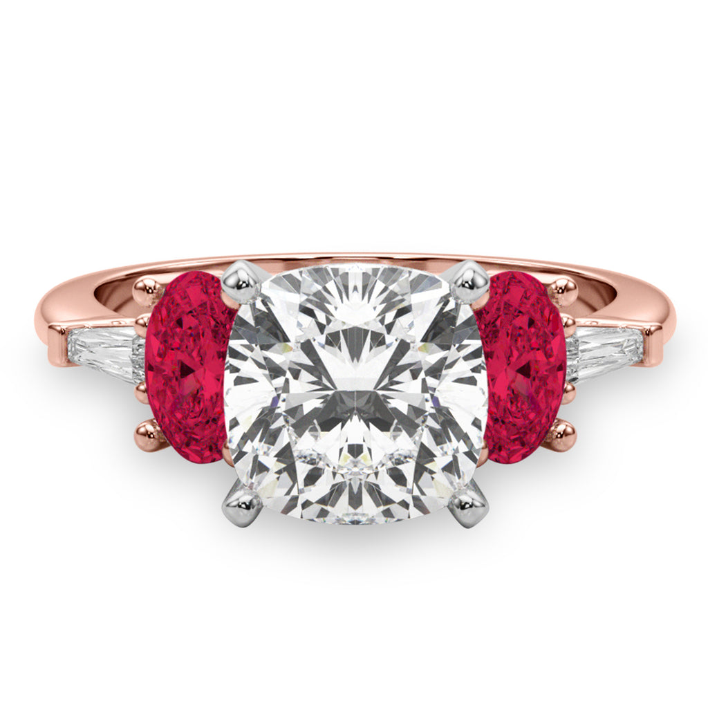 Cushion Cut Lab Diamond & Oval Ruby Engagement Ring 18K Rose Gold (4.24ct)