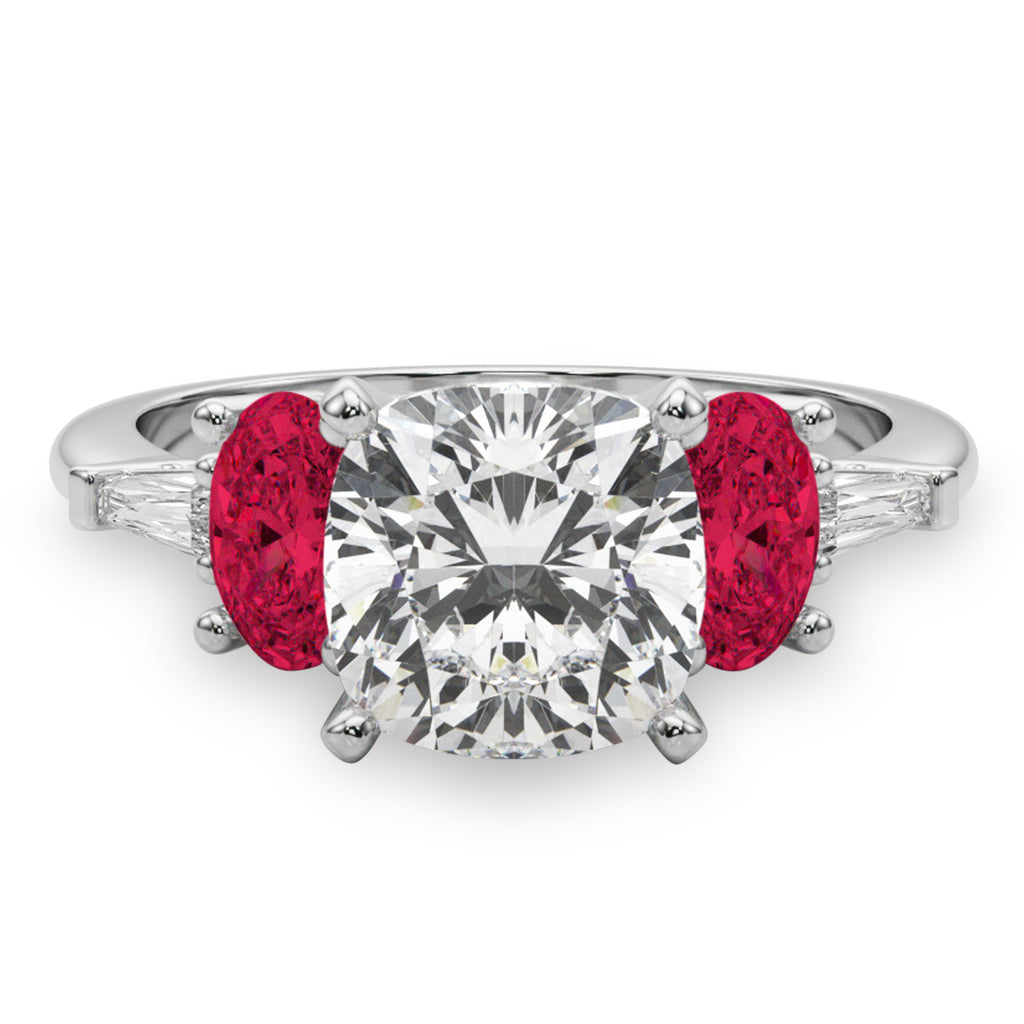 Cushion Cut Lab Diamond & Oval Ruby Engagement Ring 18K White Gold (4.24ct)