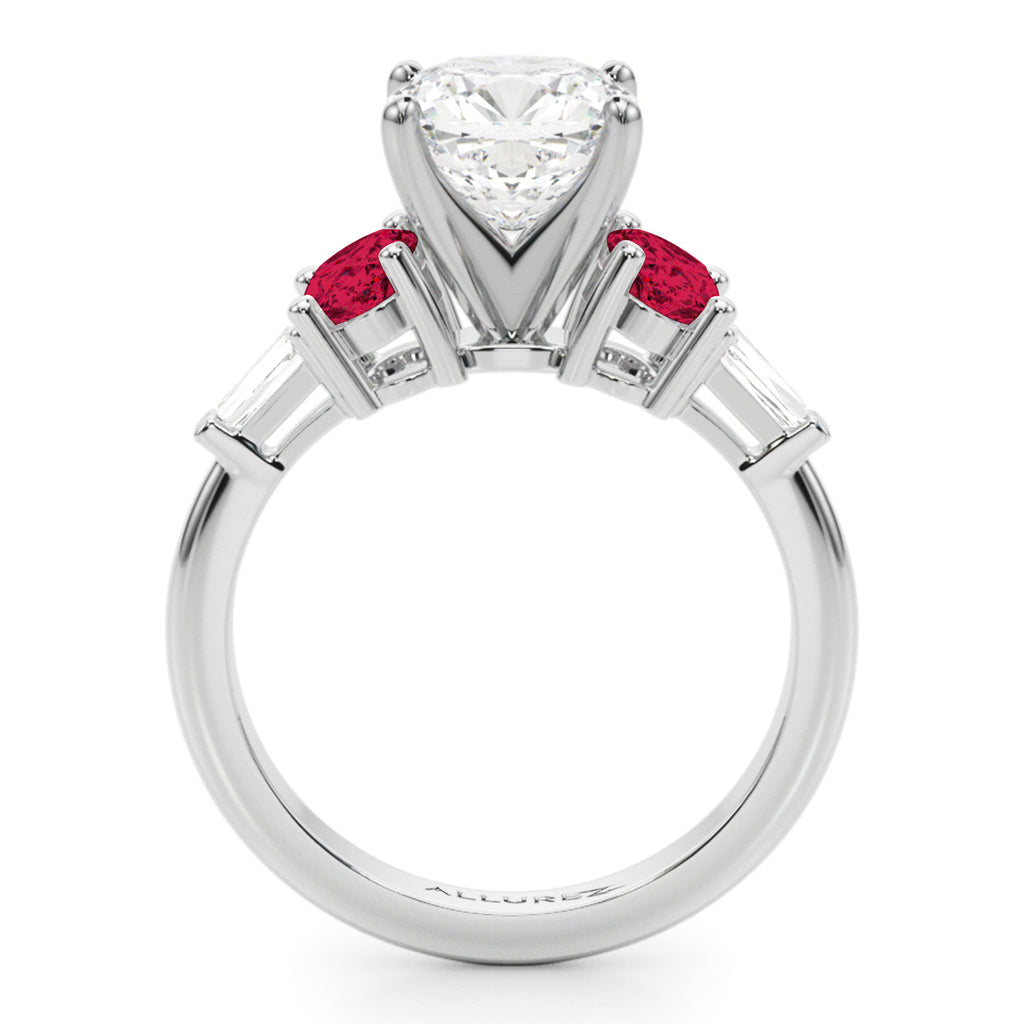 Cushion Cut Lab Diamond & Oval Ruby Engagement Ring in Palladium (4.24ct)