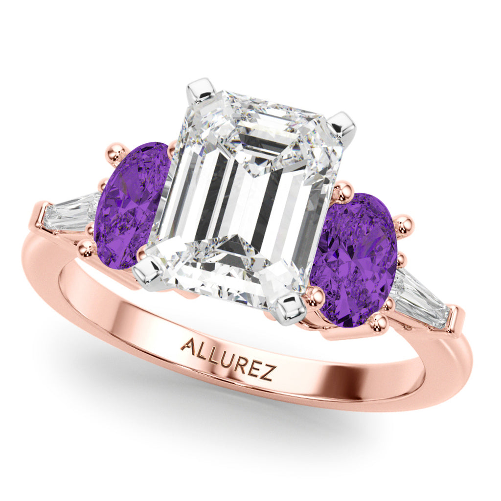 Emerald Cut Lab Diamond & Oval Amethyst Engagement Ring 14K Rose Gold (3.98ct)