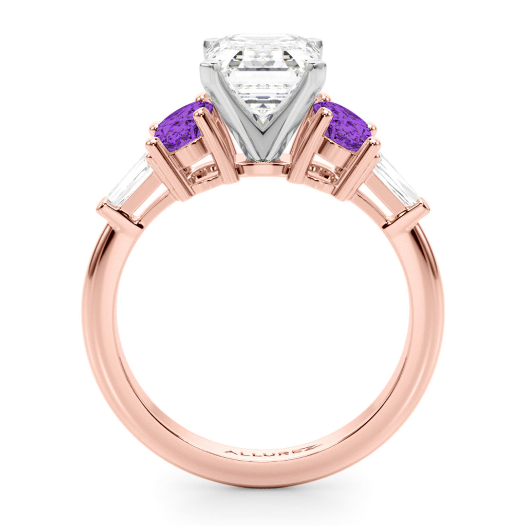 Emerald Cut Lab Diamond & Oval Amethyst Engagement Ring 14K Rose Gold (3.98ct)