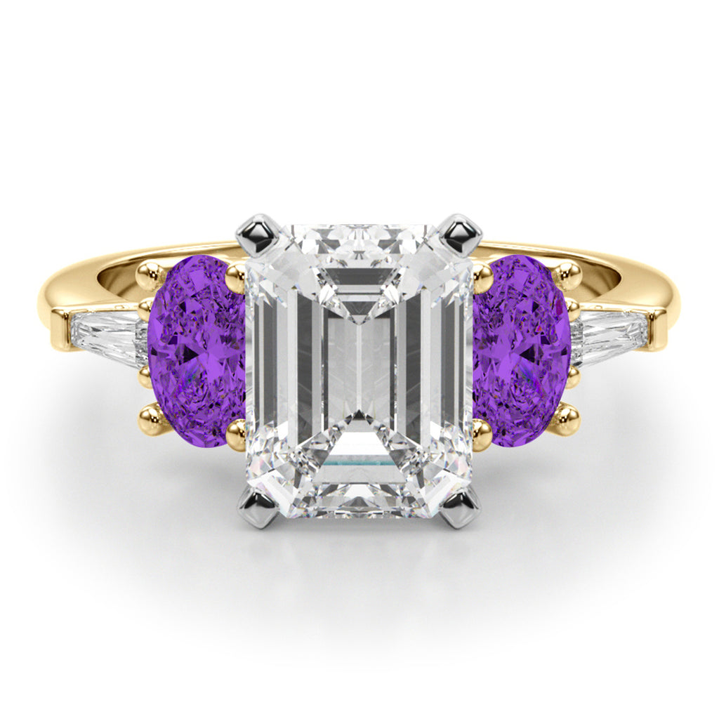 Emerald Cut Lab Diamond & Oval Amethyst Engagement Ring 14K Yellow Gold (3.98ct)