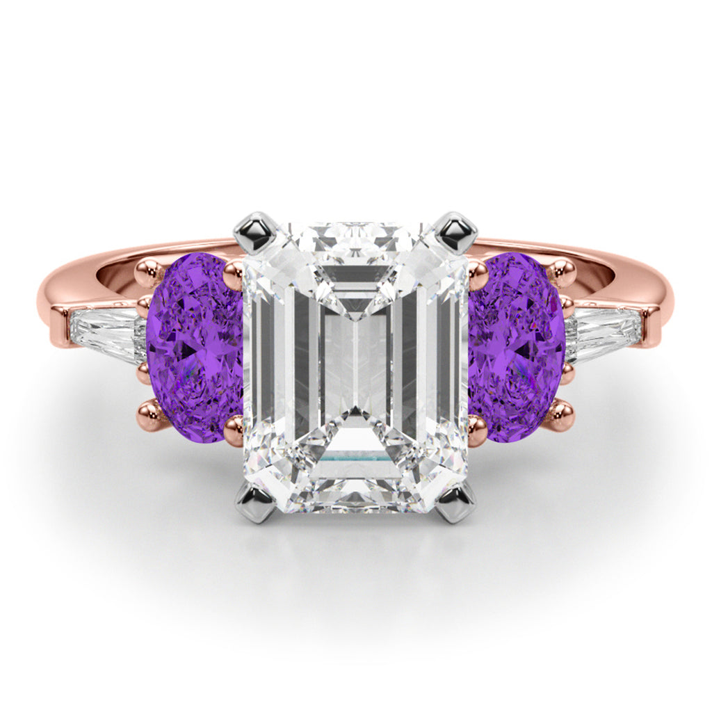 Emerald Cut Lab Diamond & Oval Amethyst Engagement Ring 18K Rose Gold (3.98ct)