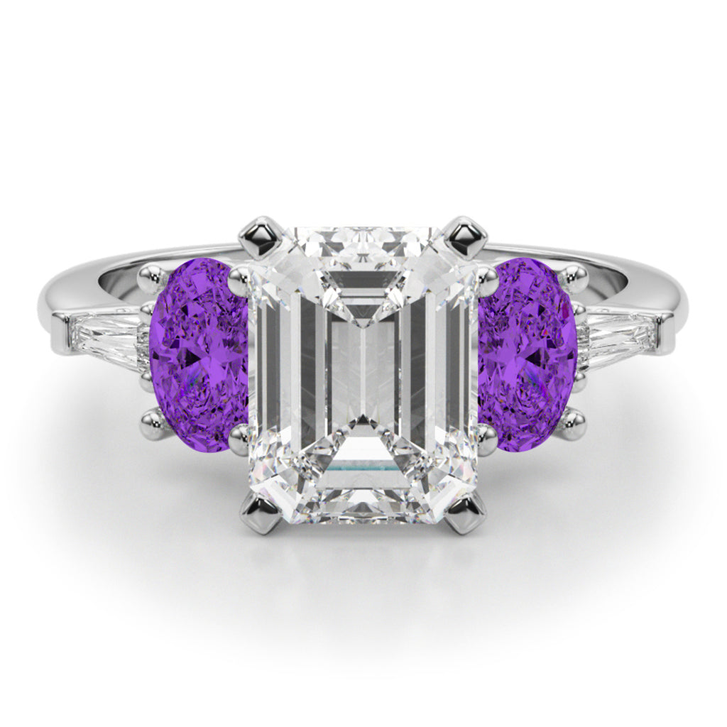 Emerald Cut Lab Diamond & Oval Amethyst Engagement Ring in Palladium (3.98ct)