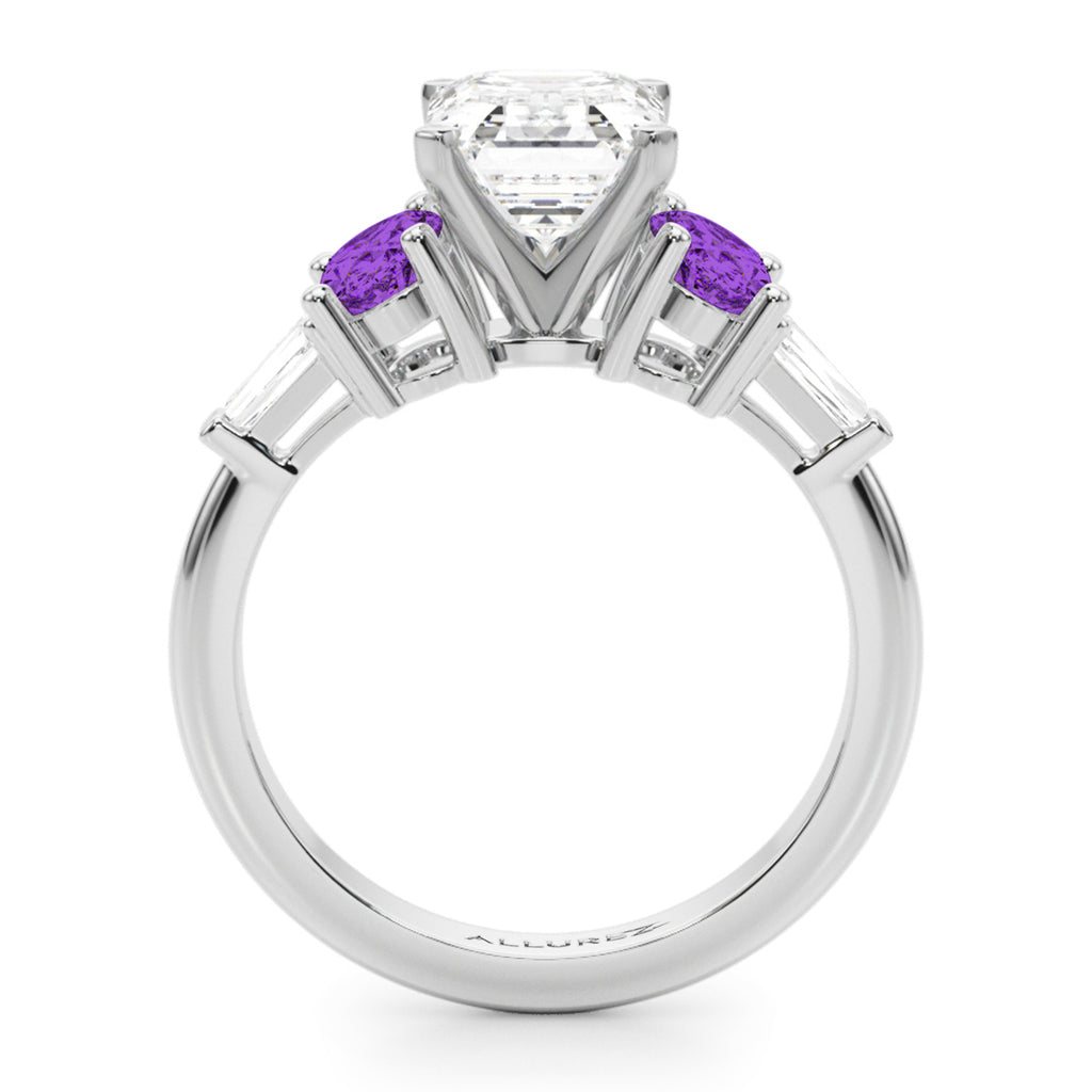 Emerald Cut Lab Diamond & Oval Amethyst Engagement Ring in Palladium (3.98ct)