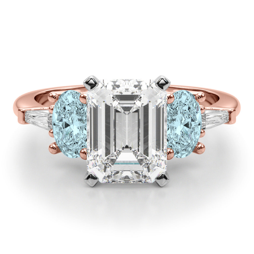 Emerald Cut Lab Diamond & Oval Aquamarine Engagement Ring 14K Rose Gold (3.98ct)