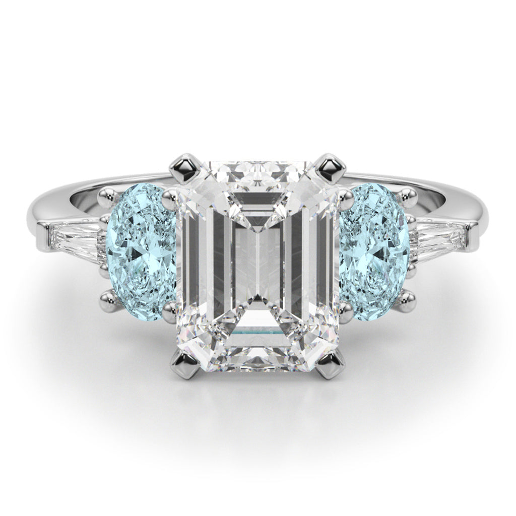 Emerald Cut Lab Diamond & Oval Aquamarine Engagement Ring 14K White Gold (3.98ct)