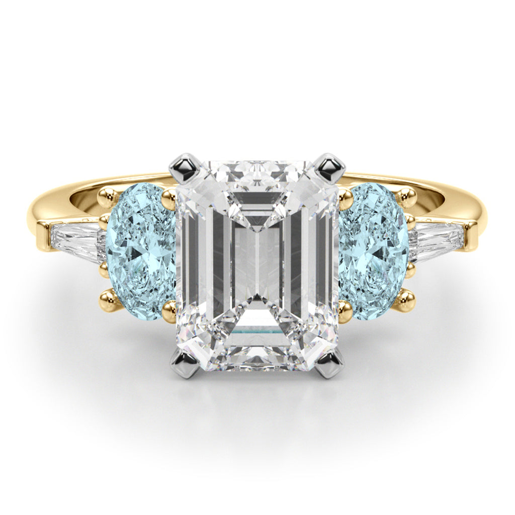 Emerald Cut Lab Diamond & Oval Aquamarine Engagement Ring 14K Yellow Gold (3.98ct)