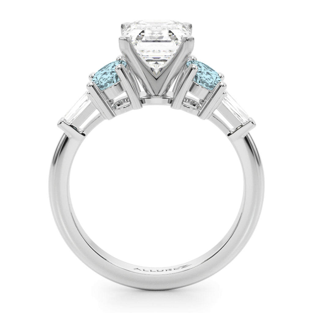 Emerald Cut Lab Diamond & Oval Aquamarine Engagement Ring 18K White Gold (3.98ct)