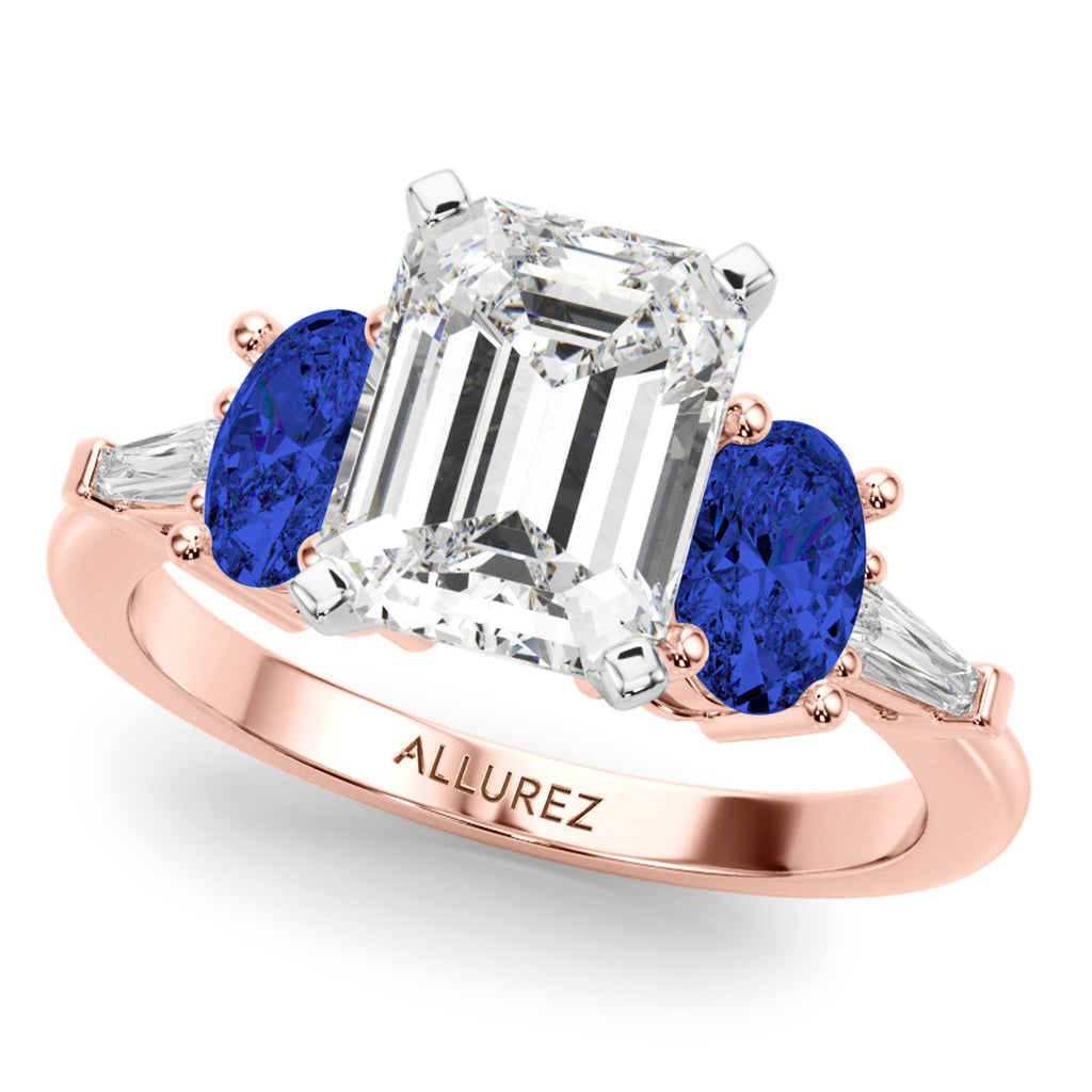 Emerald Cut Lab Diamond & Oval Blue Sapphire Engagement Ring 18K Rose Gold (4.32ct)