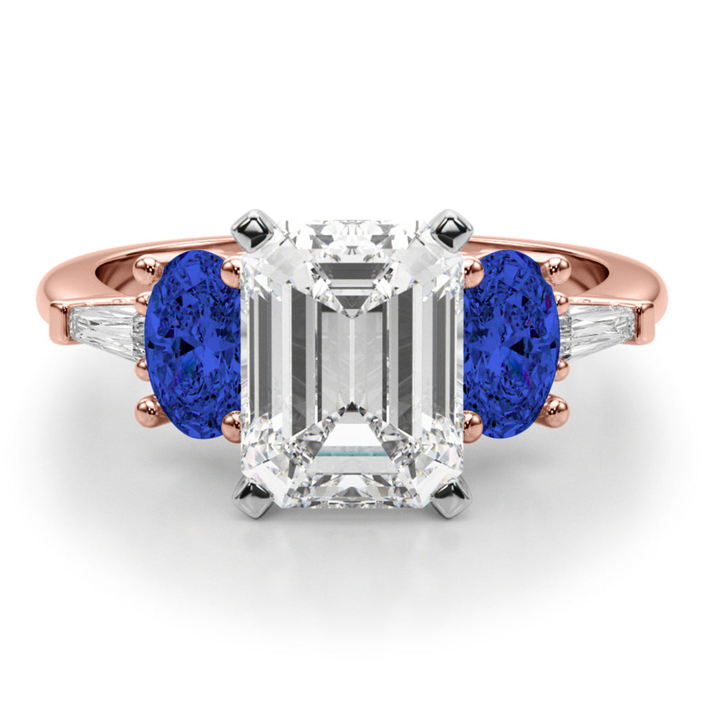 Emerald Cut Lab Diamond & Oval Blue Sapphire Engagement Ring 18K Rose Gold (4.32ct)