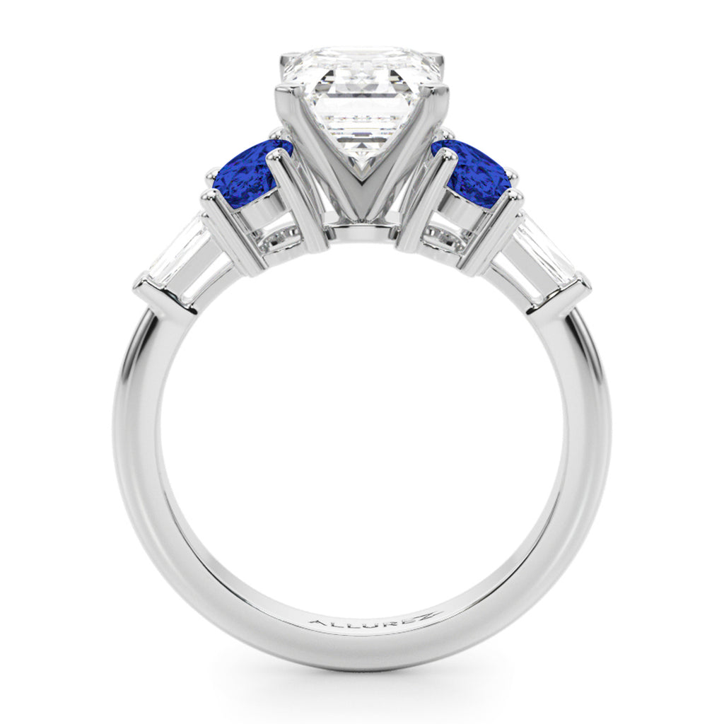 Emerald Cut Lab Diamond & Oval Blue Sapphire Engagement Ring in Palladium (4.32ct)