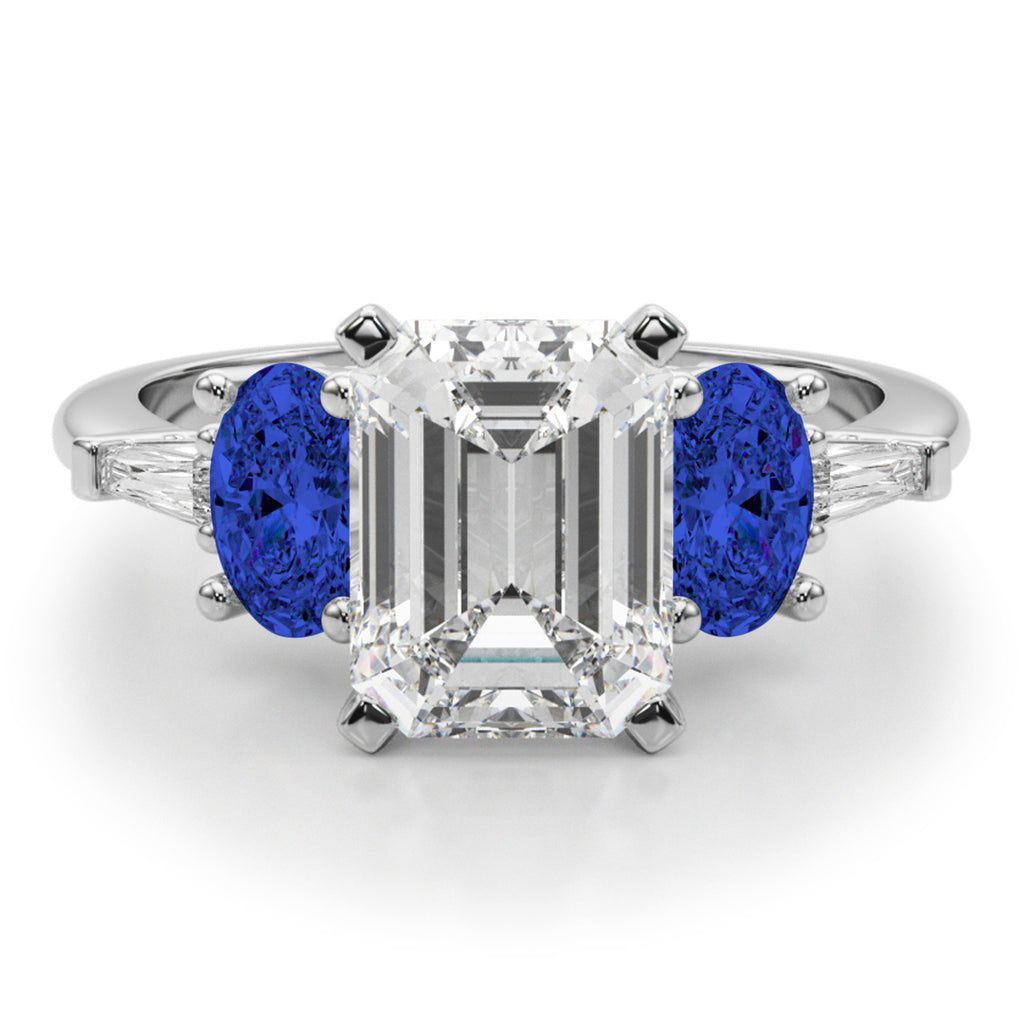 Emerald Cut Lab Diamond & Oval Blue Sapphire Engagement Ring in Platinum (4.32ct)