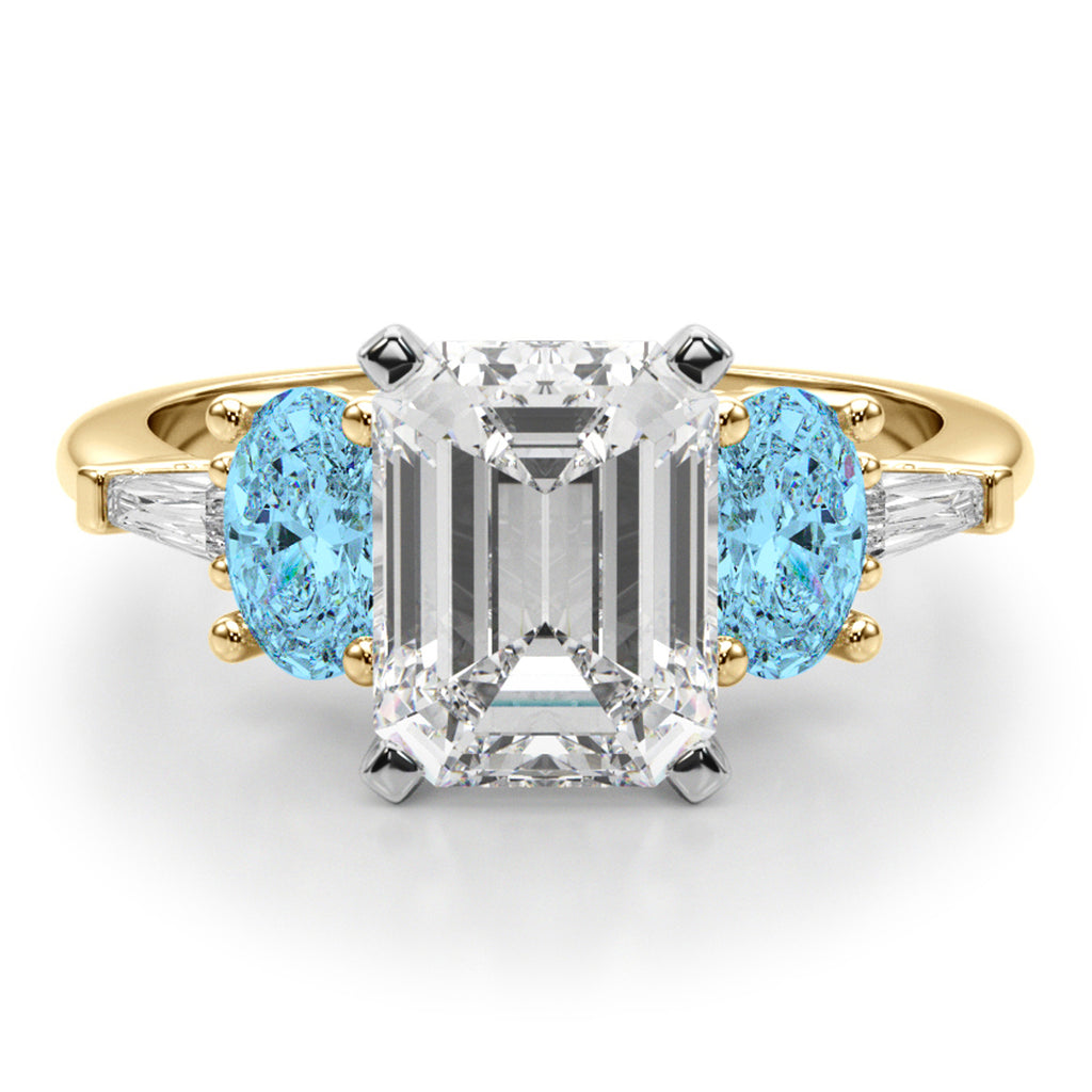 Emerald Cut Lab Diamond & Oval Blue Topaz Engagement Ring 14K Yellow Gold (4.18ct)