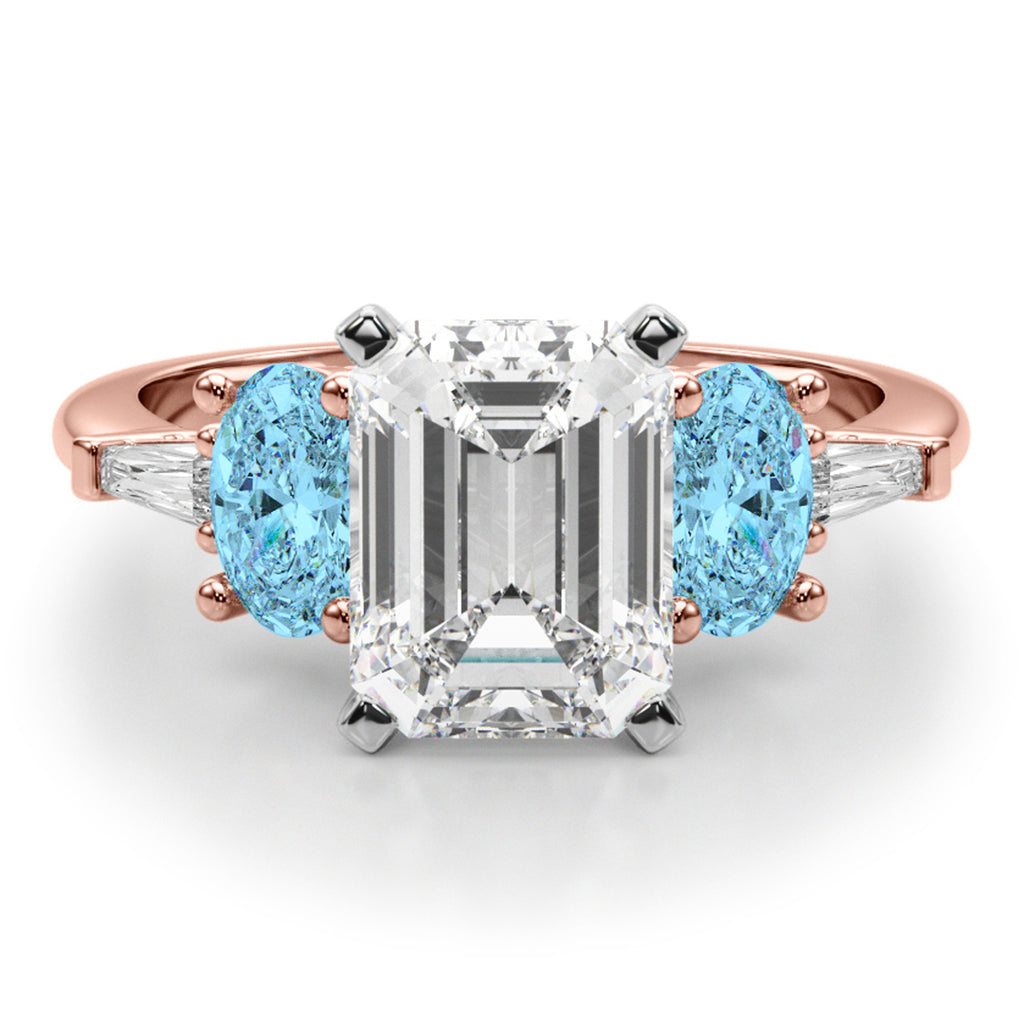 Emerald Cut Lab Diamond & Oval Blue Topaz Engagement Ring 18K Rose Gold (4.18ct)
