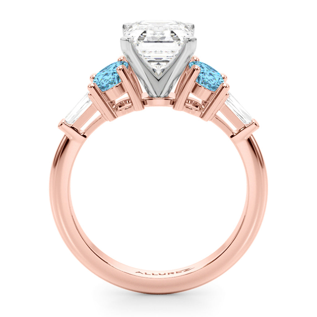 Emerald Cut Lab Diamond & Oval Blue Topaz Engagement Ring 18K Rose Gold (4.18ct)