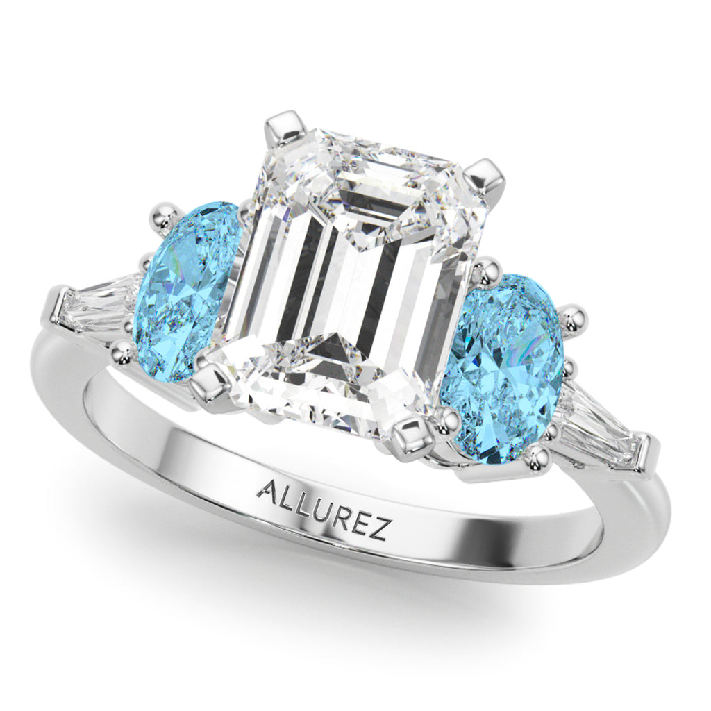 Emerald Cut Lab Diamond & Oval Blue Topaz Engagement Ring in Platinum (4.18ct)