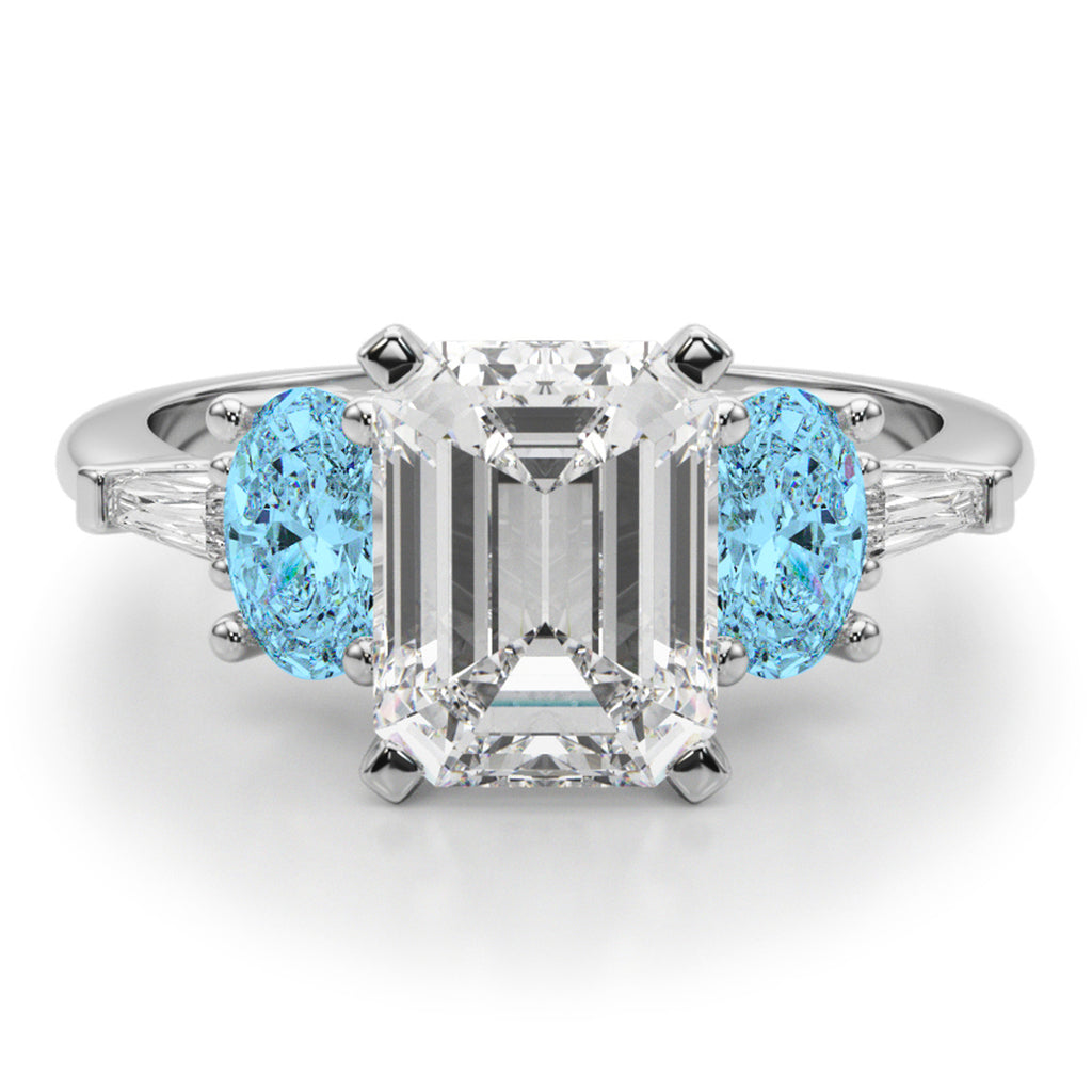 Emerald Cut Lab Diamond & Oval Blue Topaz Engagement Ring in Platinum (4.18ct)