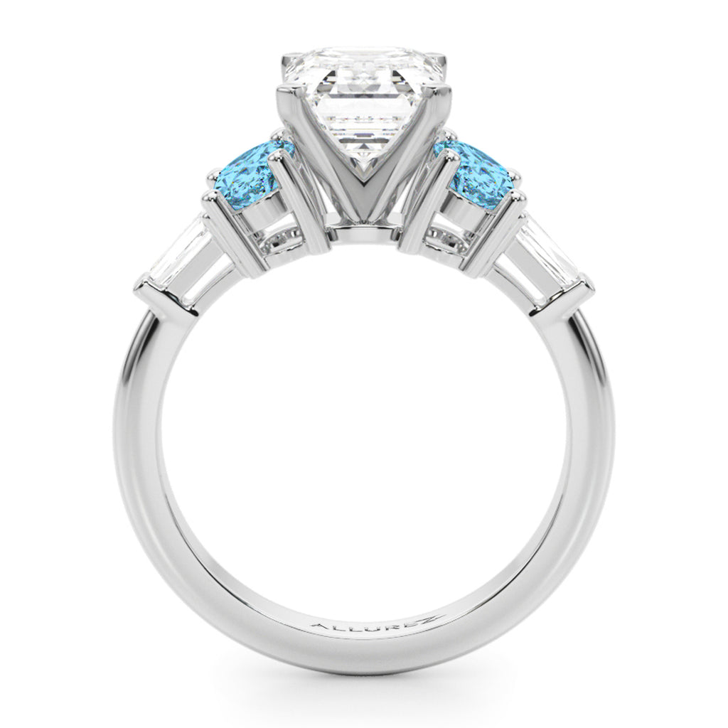 Emerald Cut Lab Diamond & Oval Blue Topaz Engagement Ring in Platinum (4.18ct)