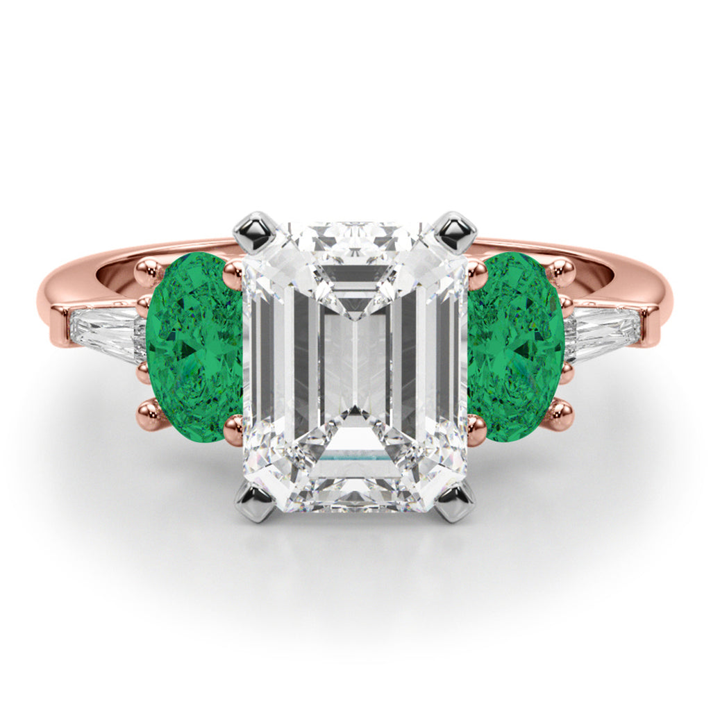 Emerald Cut Lab Diamond & Oval Emerald Engagement Ring 18K Rose Gold (3.98ct)