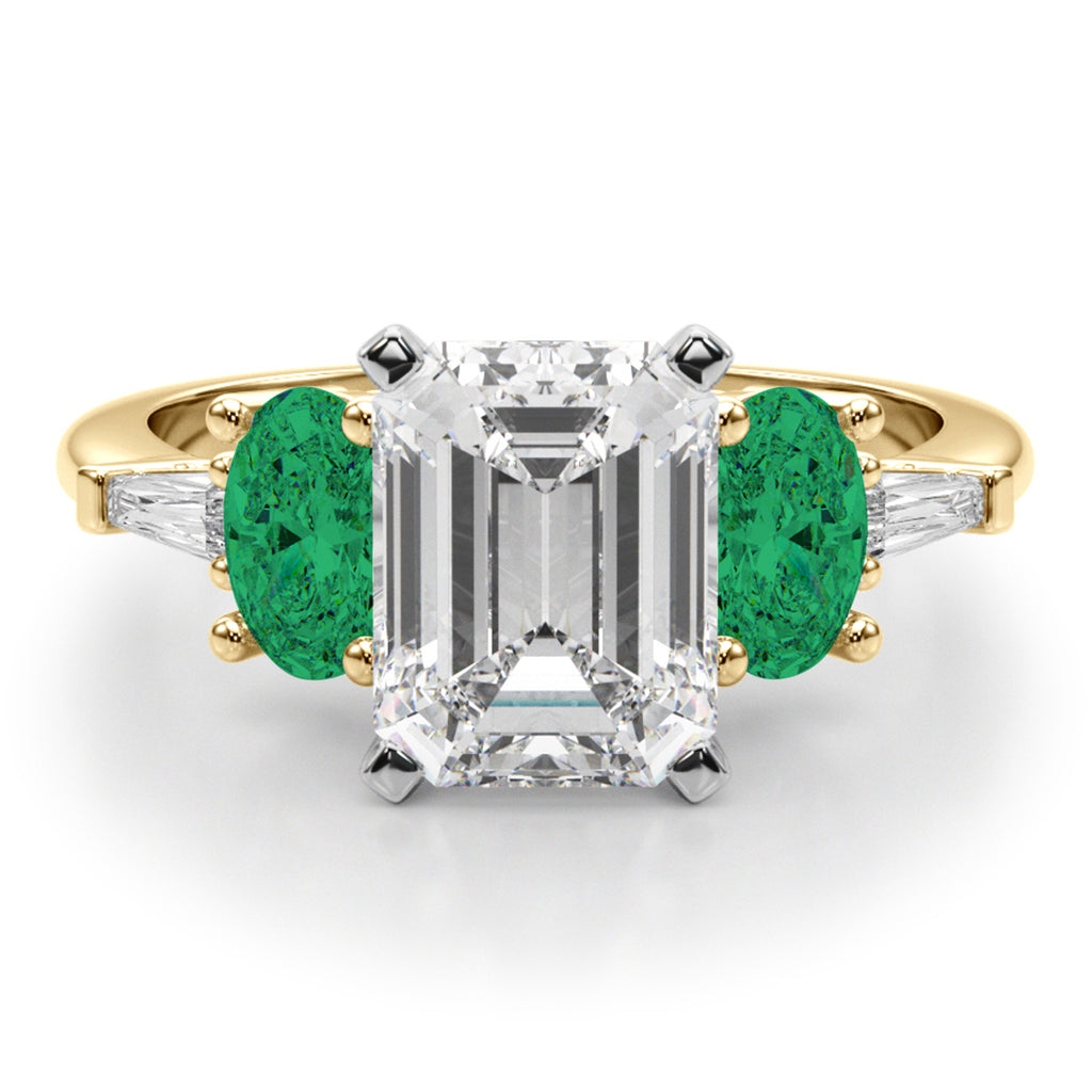 Emerald Cut Lab Diamond & Oval Emerald Engagement Ring 18K Yellow Gold (3.98ct)