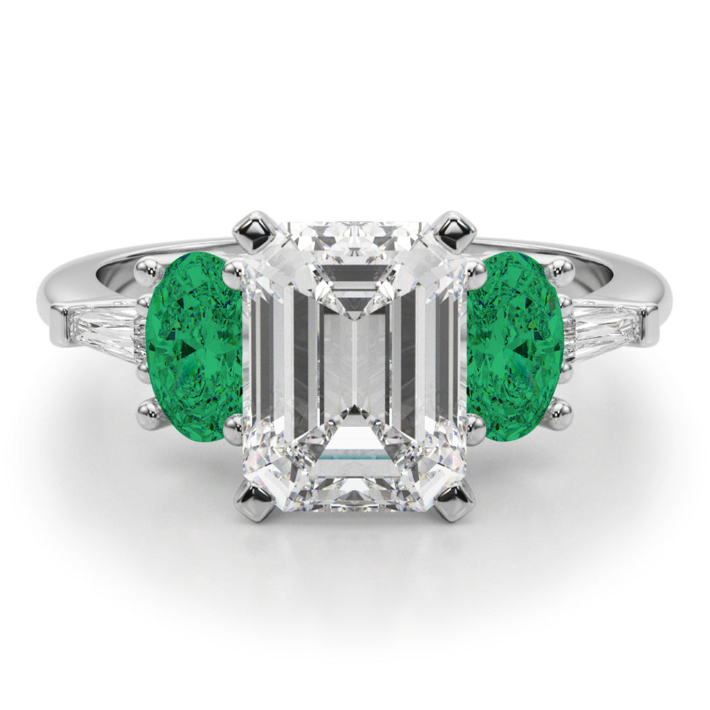Emerald Cut Lab Diamond & Oval Emerald Engagement Ring in Palladium (3.98ct)