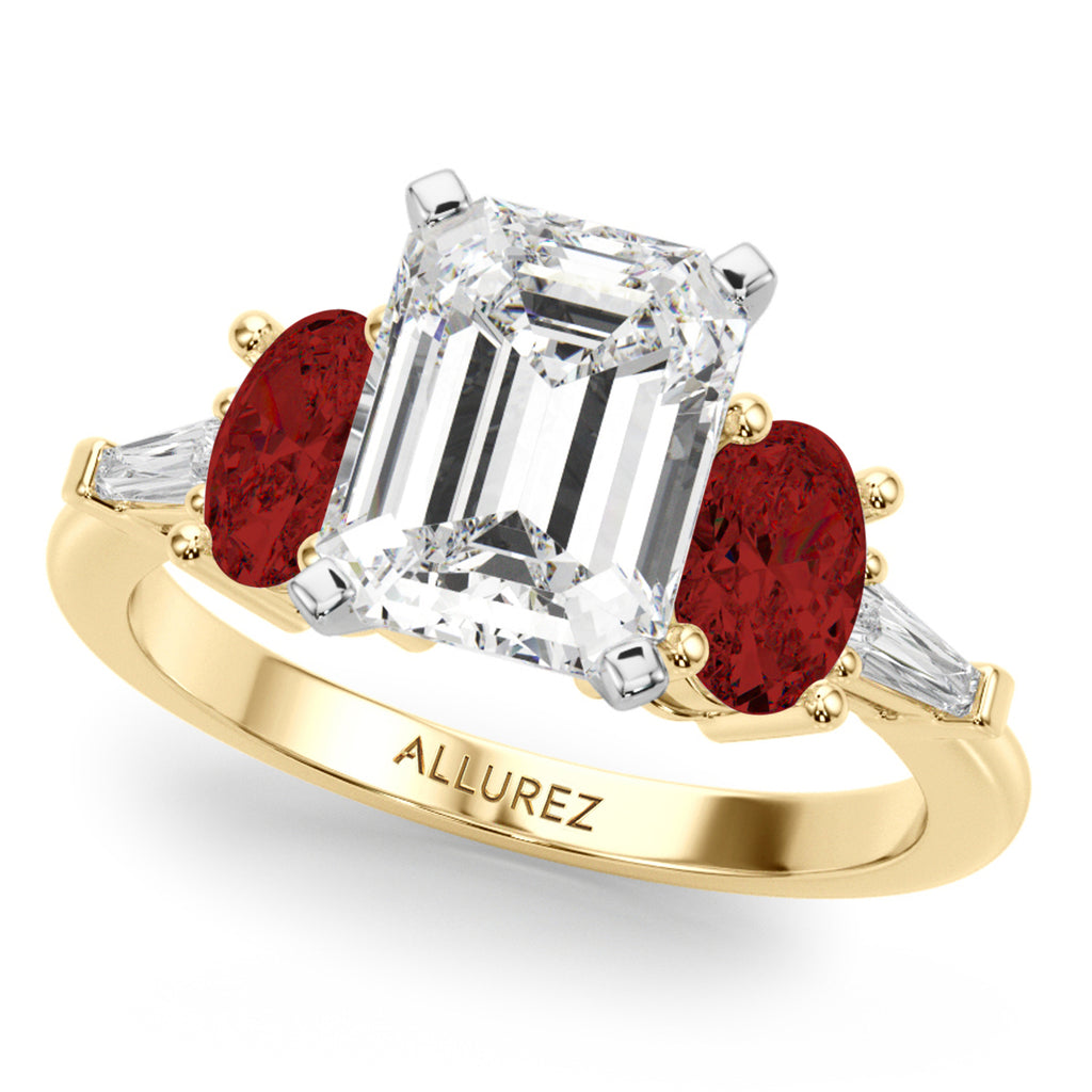 Emerald Cut Lab Diamond & Oval Garnet Engagement Ring 14K Yellow Gold (4.18ct)