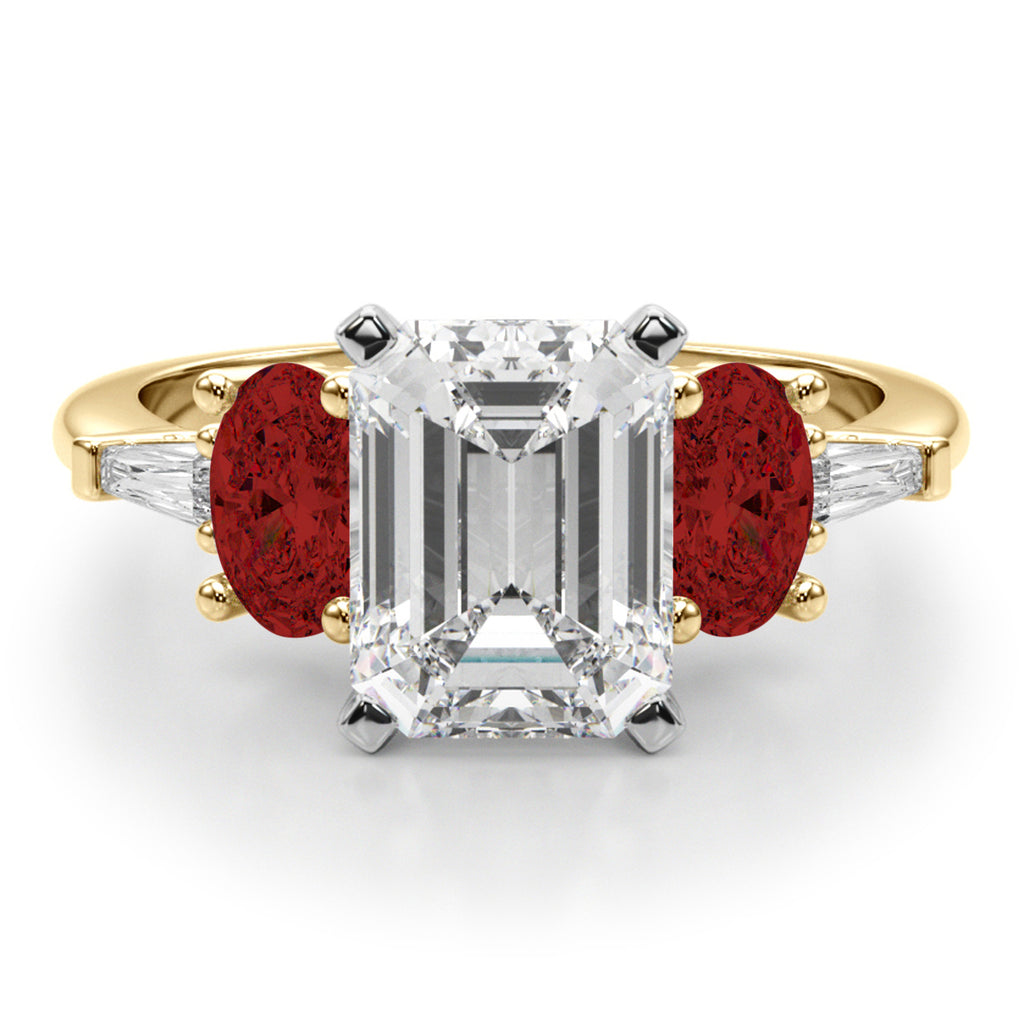 Emerald Cut Lab Diamond & Oval Garnet Engagement Ring 14K Yellow Gold (4.18ct)