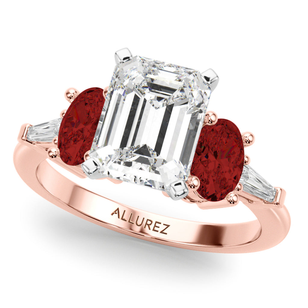 Emerald Cut Lab Diamond & Oval Garnet Engagement Ring 18K Rose Gold (4.18ct)
