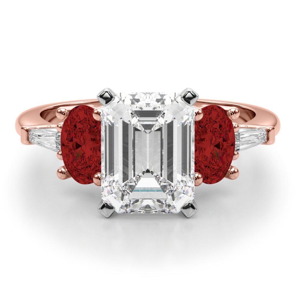 Emerald Cut Lab Diamond & Oval Garnet Engagement Ring 18K Rose Gold (4.18ct)