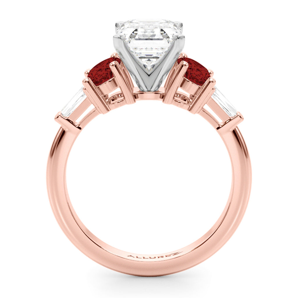 Emerald Cut Lab Diamond & Oval Garnet Engagement Ring 18K Rose Gold (4.18ct)