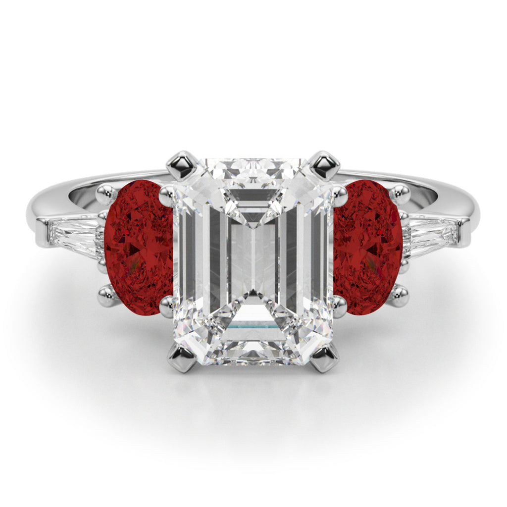 Emerald Cut Lab Diamond & Oval Garnet Engagement Ring in Platinum (4.18ct)