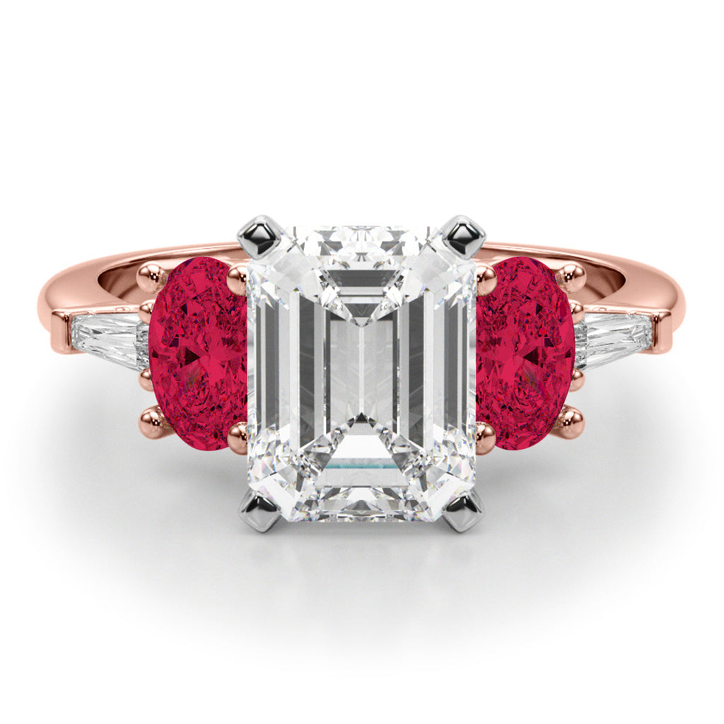 Emerald Cut Lab Diamond & Oval Ruby Engagement Ring 14K Rose Gold (4.24ct)