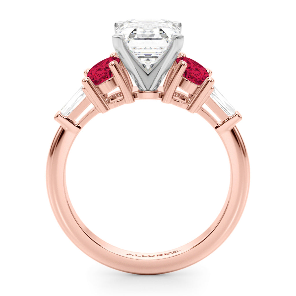 Emerald Cut Lab Diamond & Oval Ruby Engagement Ring 14K Rose Gold (4.24ct)
