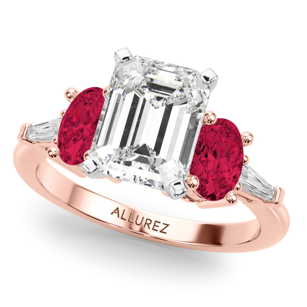 Emerald Cut Lab Diamond & Oval Ruby Engagement Ring 18K Rose Gold (4.24ct)