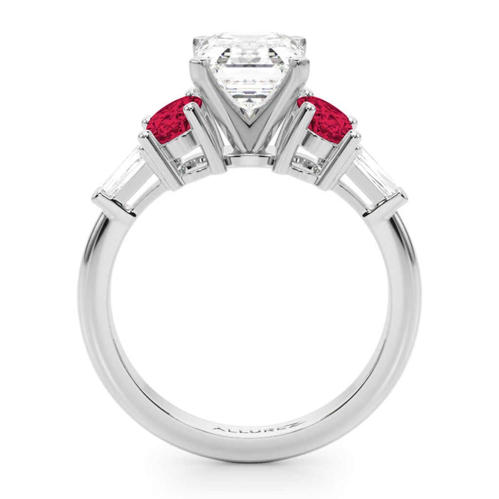 Emerald Cut Lab Diamond & Oval Ruby Engagement Ring 18K White Gold (4.24ct)