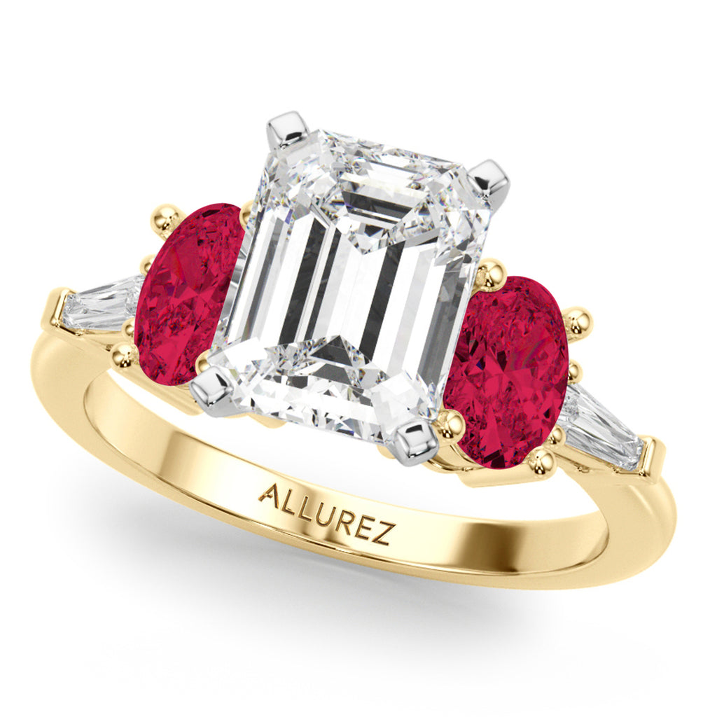 Emerald Cut Lab Diamond & Oval Ruby Engagement Ring 18K Yellow Gold (4.24ct)